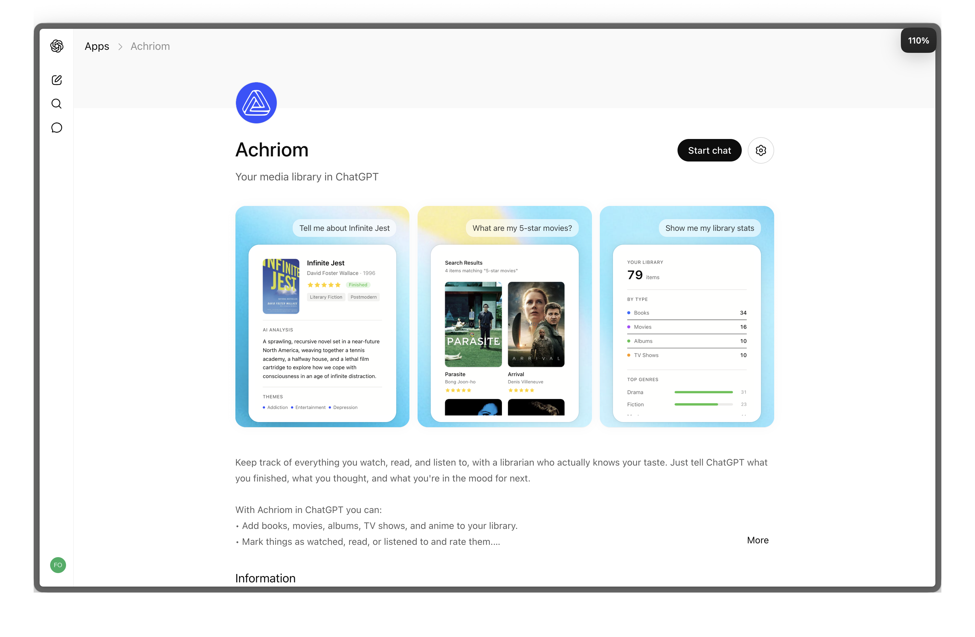 The Achriom app listing inside ChatGPT, showing three example interactions: a book detail card for Infinite Jest, a search for 5-star movies, and a library stats panel