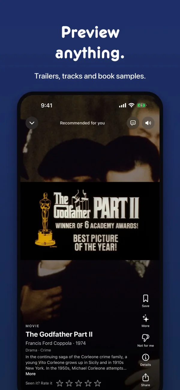 The preview feed on iPhone, playing the trailer for The Godfather Part II