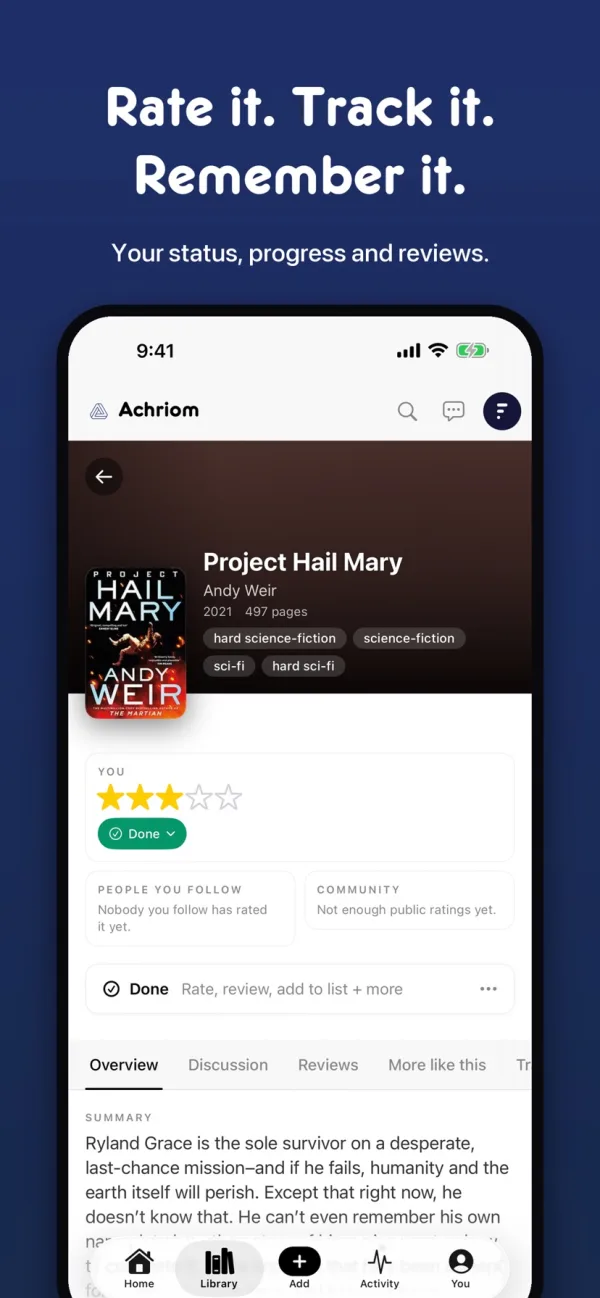 The page for Project Hail Mary on iPhone, with a rating, status and tabs for discussion and reviews