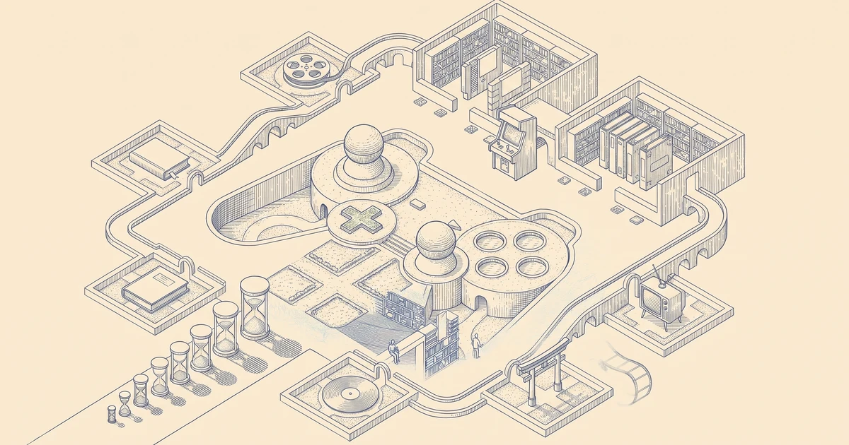 A game controller drawn as a library courtyard, surrounded by rooms of books, films, and music