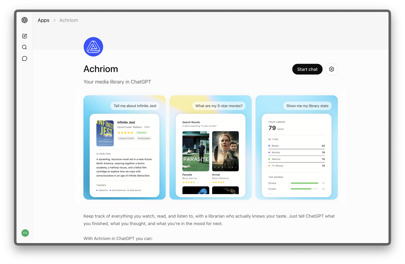 Achriom inside ChatGPT — showing book detail, 5-star movie search results, and library stats
