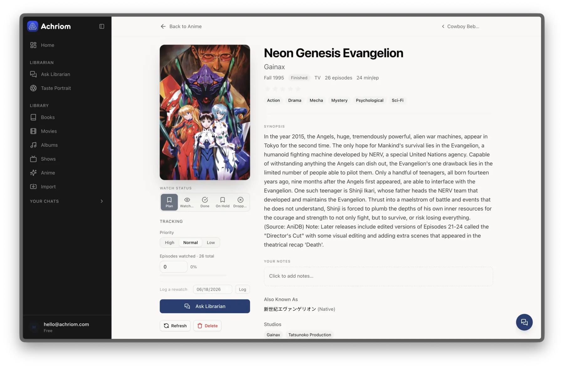 Achriom's anime detail view with Plan, Watching, Done, On Hold, and Dropped statuses, an episodes-watched counter, synopsis, and Japanese title