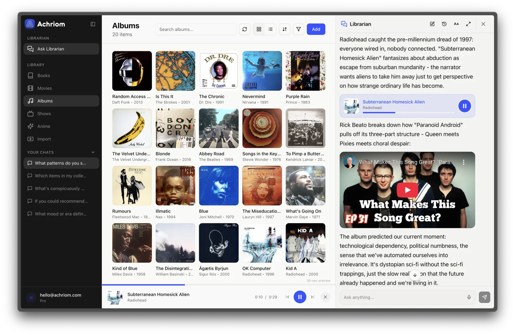 Achriom's AI librarian discussing Radiohead with an embedded video essay, alongside an albums library grid