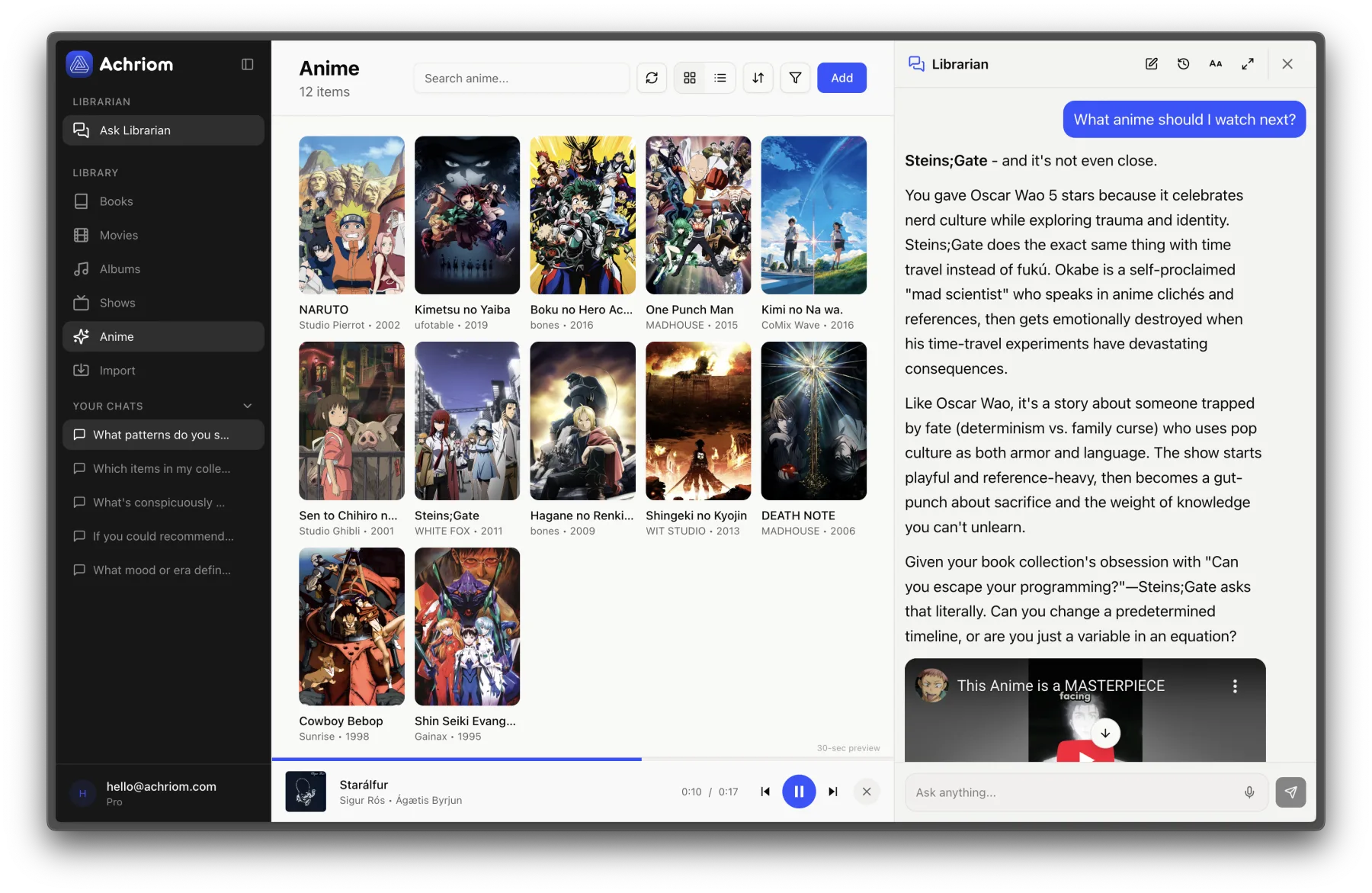 Achriom's AI librarian recommending Steins;Gate, alongside an anime library grid