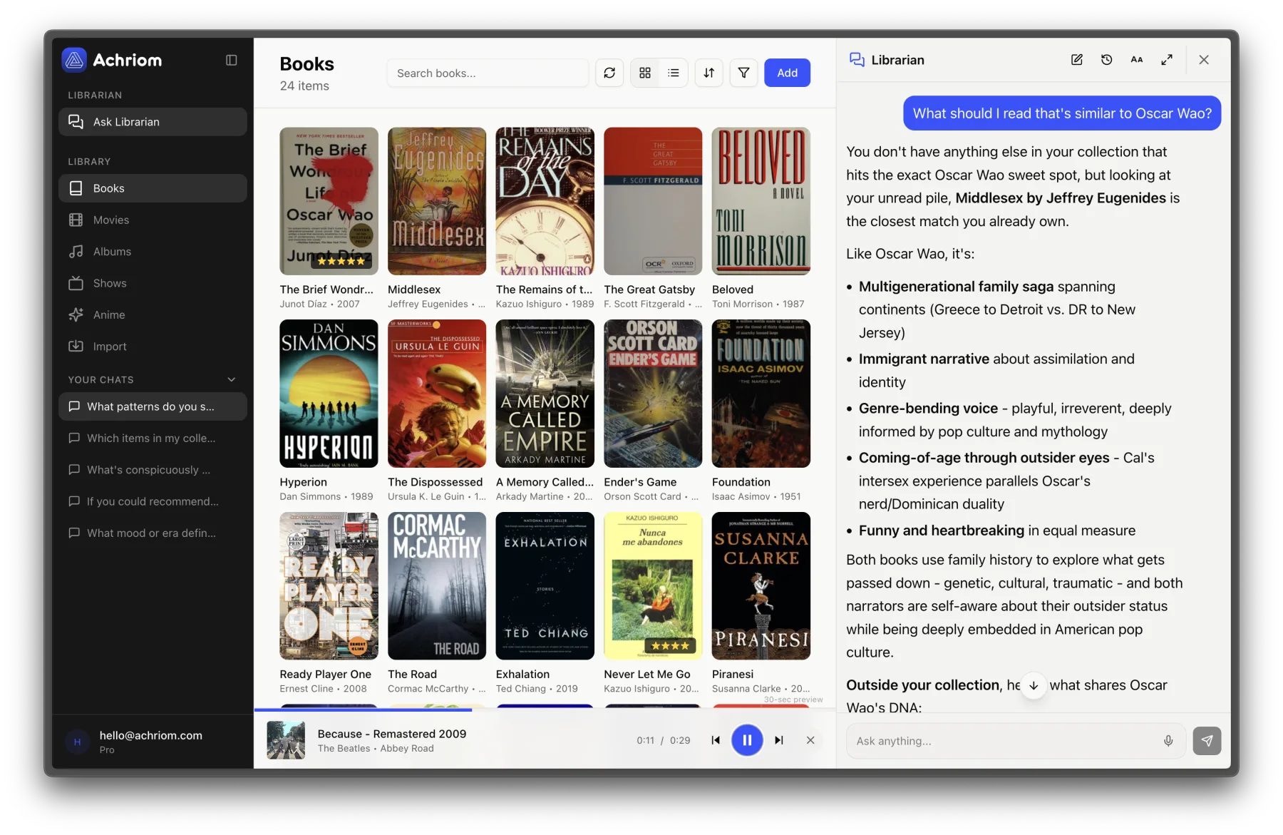 Achriom's AI librarian recommending books similar to The Brief Wondrous Life of Oscar Wao, alongside a books library grid