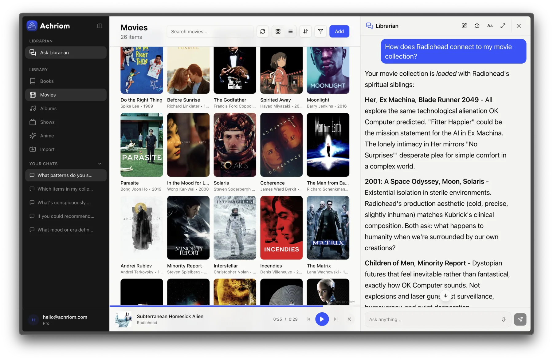 Achriom's AI librarian explaining how Radiohead connects to a movie collection, alongside a movies library grid