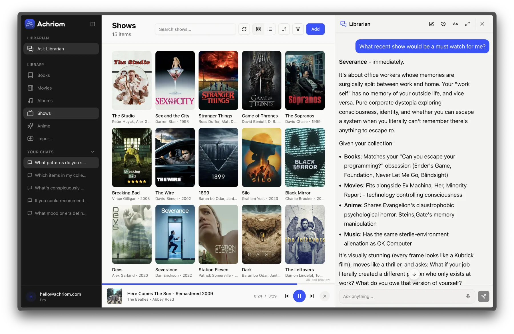 Achriom's AI librarian recommending Severance as a must-watch, alongside a TV shows library grid