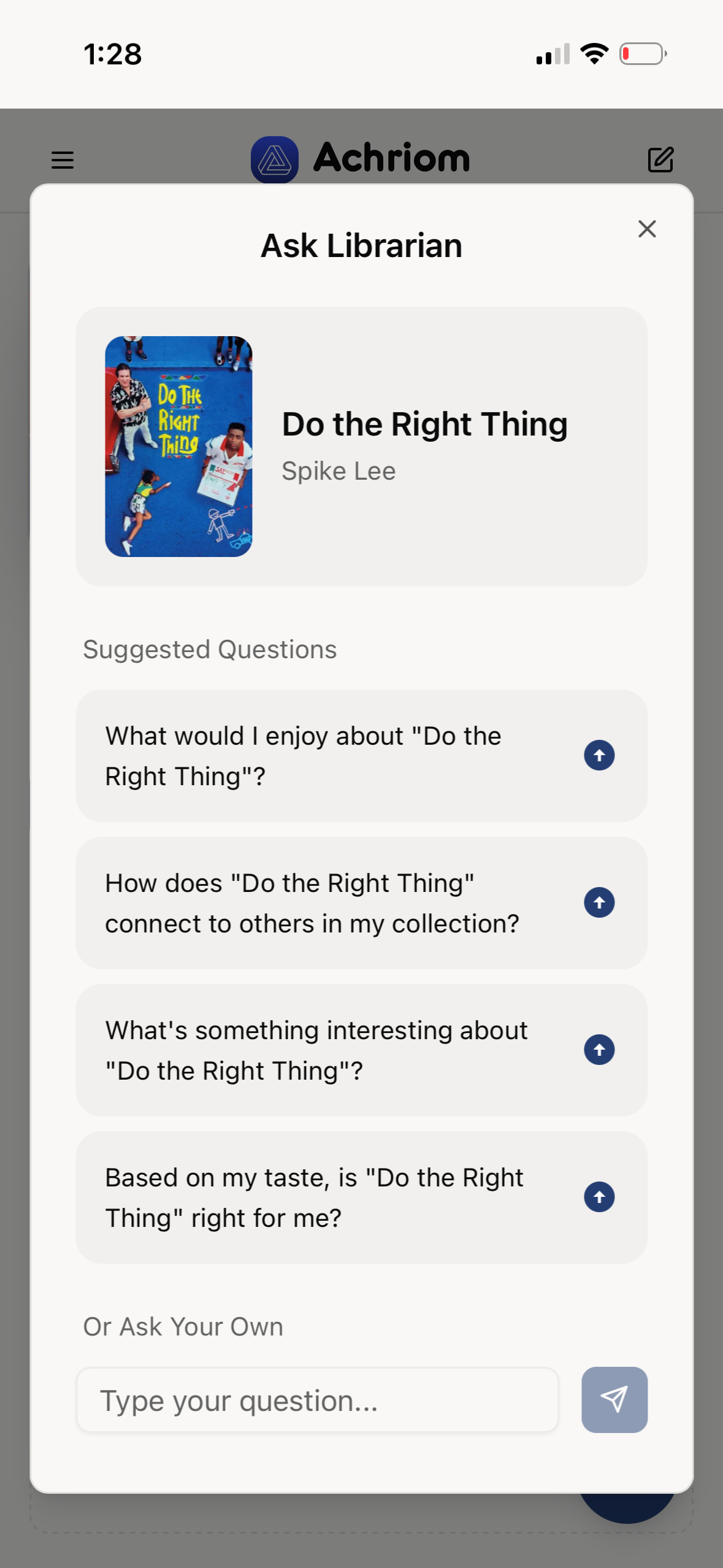 Asking the Achriom AI librarian a question across your whole library, on iPhone
