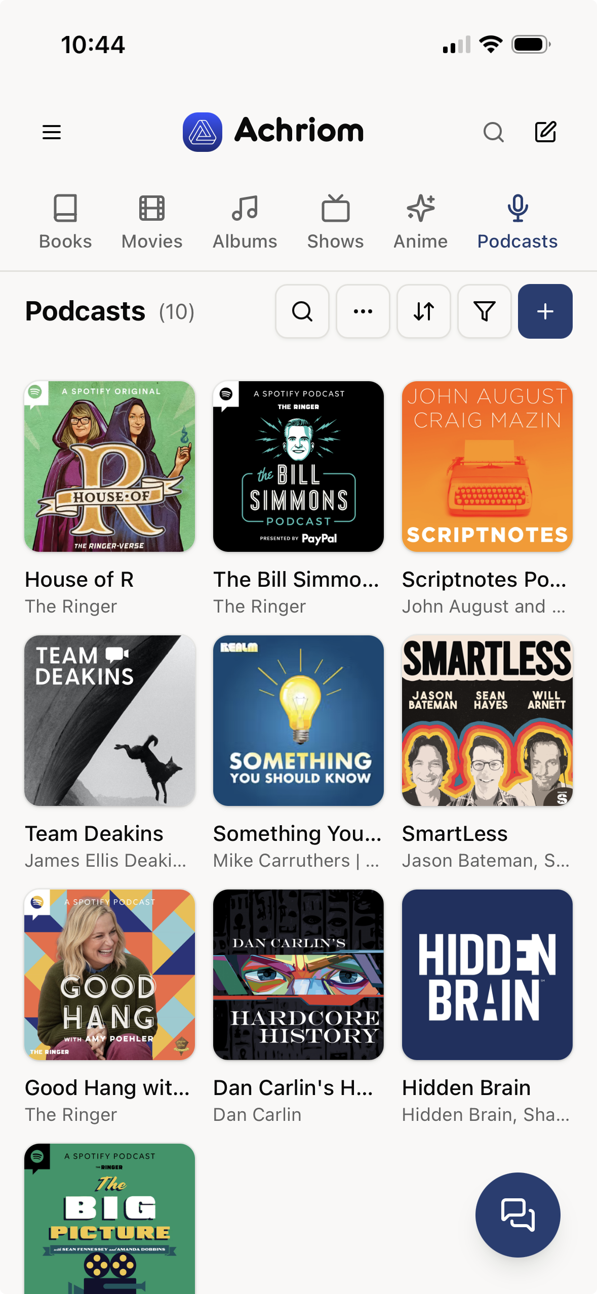 Achriom podcasts library alongside books, films and music